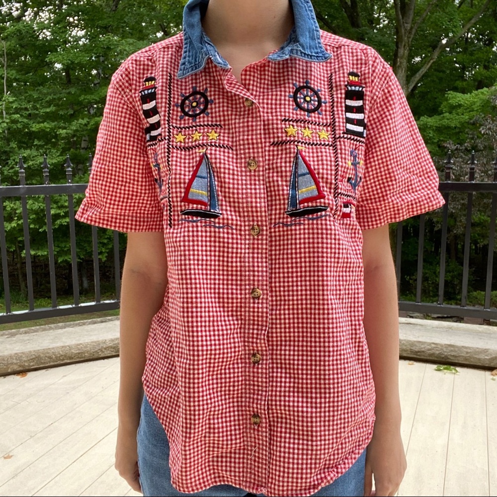 bobbie brooks sailor red plaid button up shirt